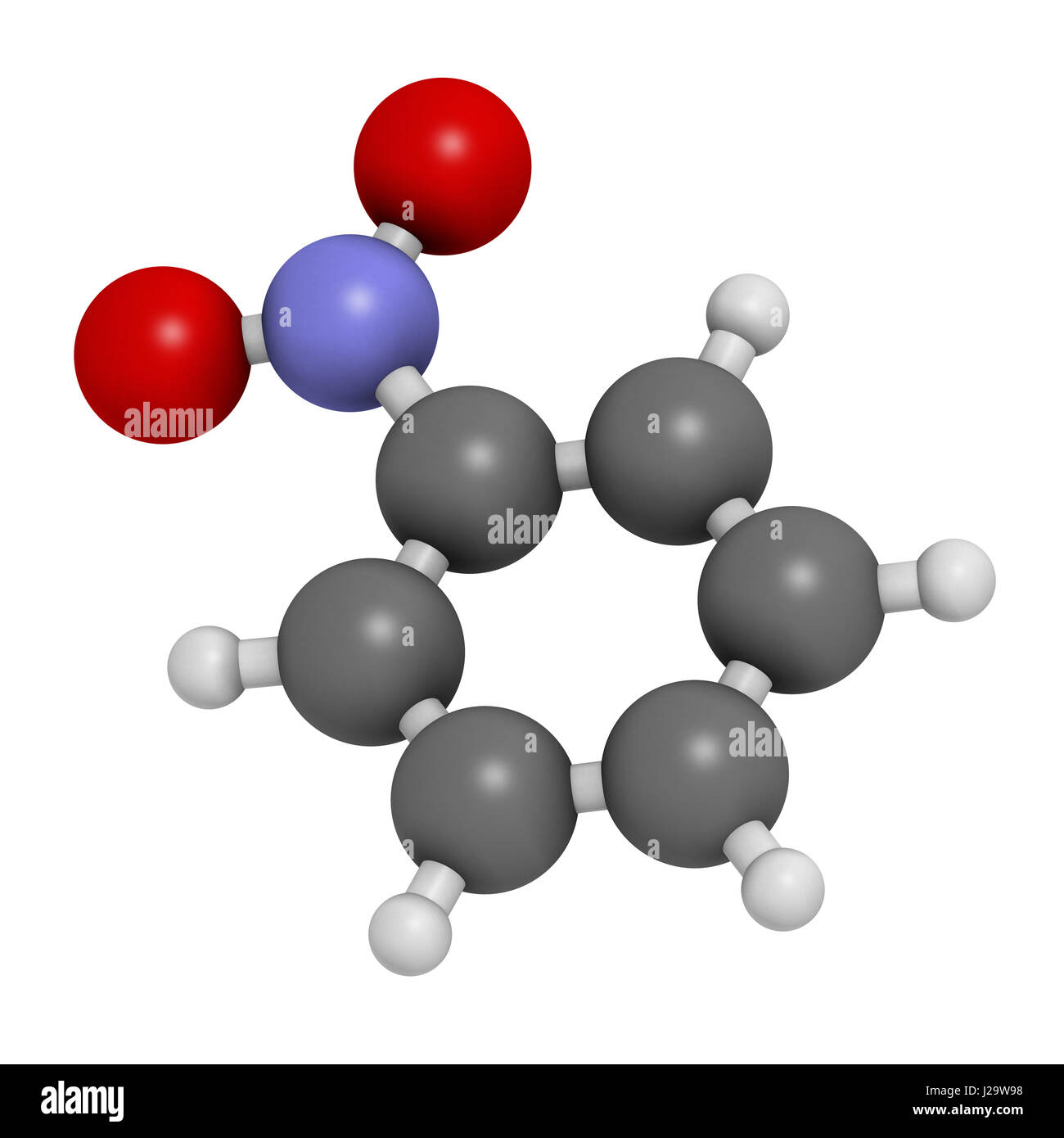 Nitrobenzene Lösungsmittel Molekül. 3D-Rendering. Atome sind als Kugeln mit konventionellen Farbcodierung vertreten: Wasserstoff (weiß), Kohlenstoff (grau), Sauerstoff Stockfoto