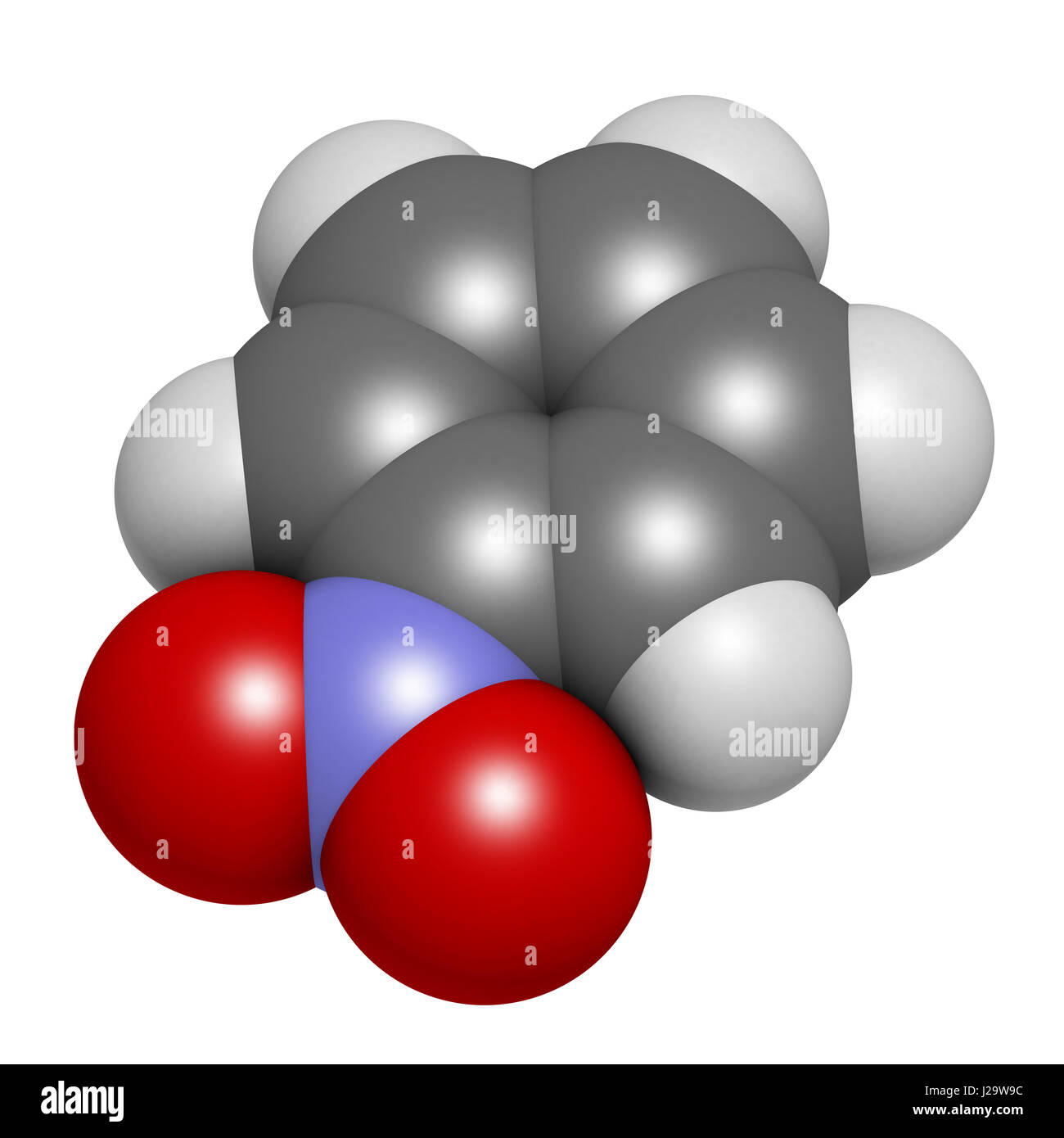 Nitrobenzene Lösungsmittel Molekül. 3D-Rendering. Atome sind als Kugeln mit konventionellen Farbcodierung vertreten: Wasserstoff (weiß), Kohlenstoff (grau), Sauerstoff Stockfoto