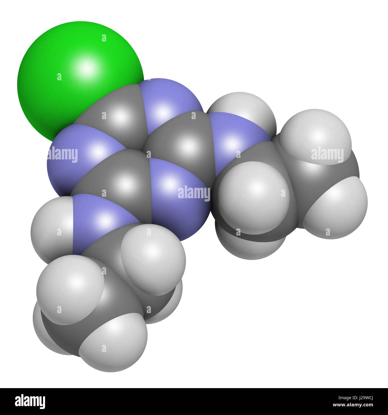 Simazin Herbizid Molekül. 3D-Rendering. Atome sind als Kugeln mit konventionellen Farbcodierung vertreten: Wasserstoff (weiß), Kohlenstoff (grau), Chlor Stockfoto