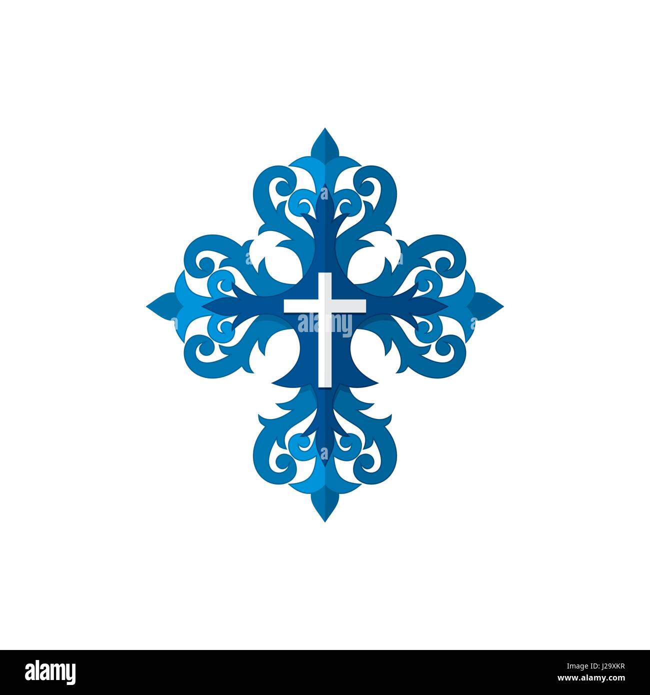 Logo der Kirche. Kreuz mit dekorativen Elementen Stock Vektor