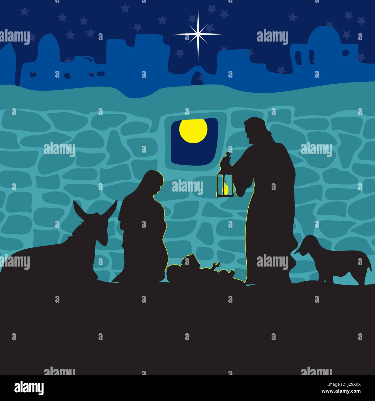 Die Geburt Jesu Christi. Maria und Josef mit dem Kind in Bethlehem. Frohe Weihnachten Stock Vektor