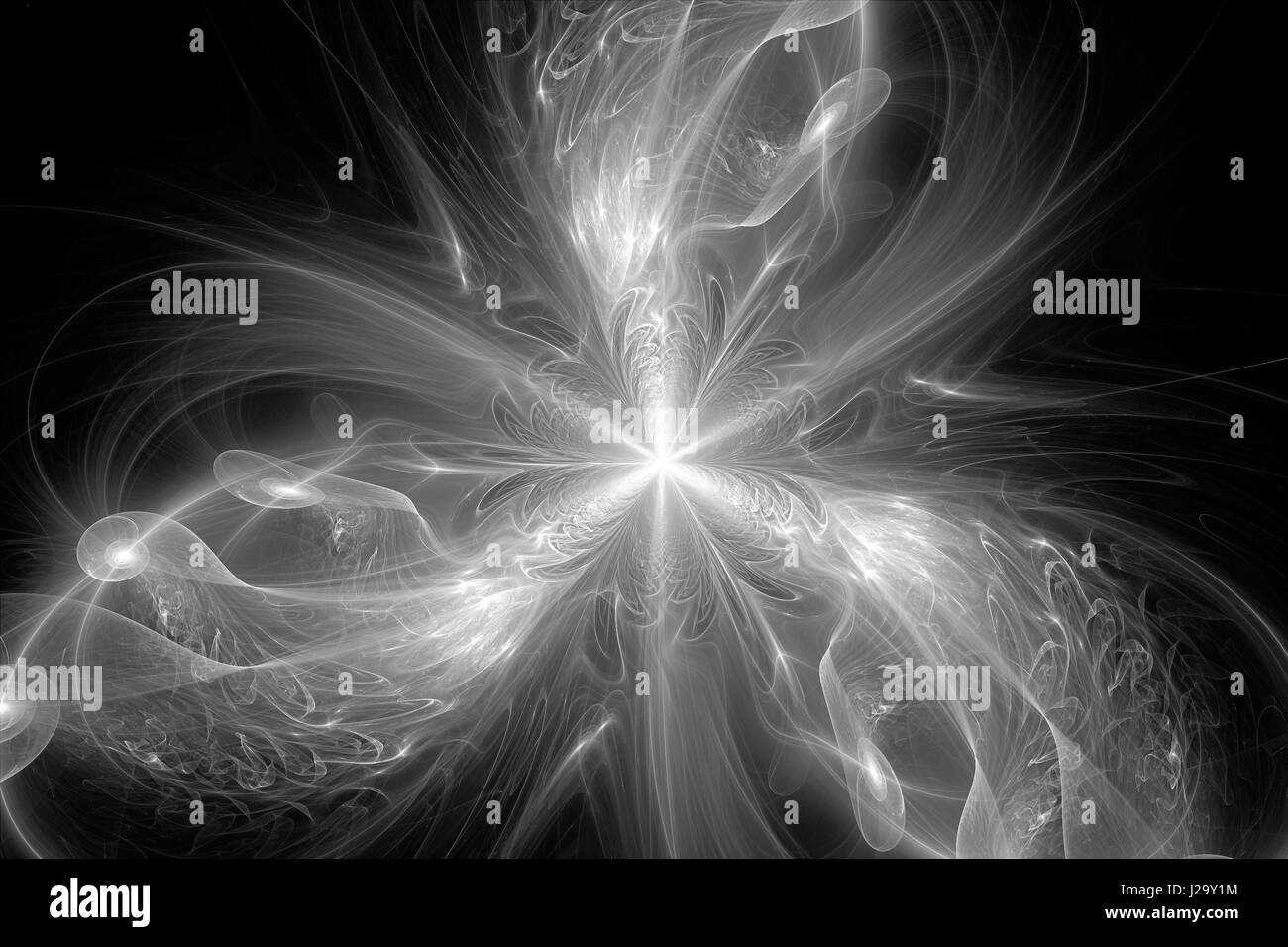 Drei bewaffnete Fraktale mit Spiralen, schwarz und weiß, computergenerierten abstrakten Hintergrund, 3D rendering Stockfoto