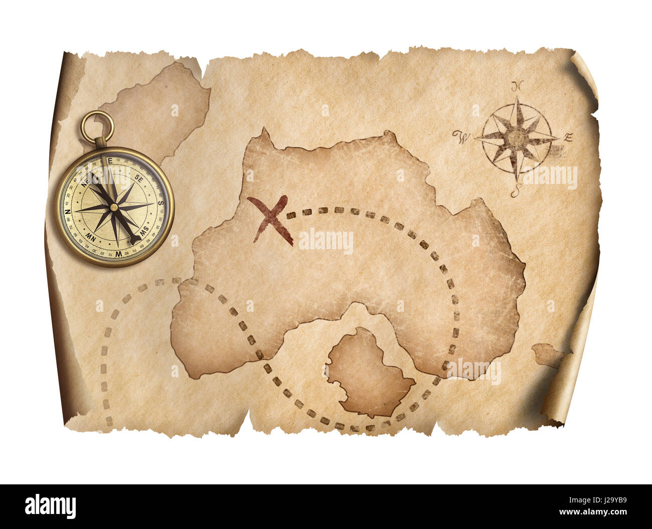 alte Weltkarte mit Kompass isoliert 3D-Illustration Stockfoto