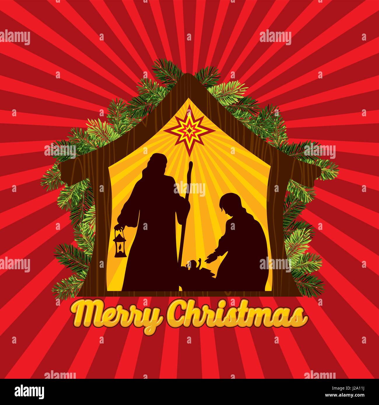 Weihnachtsgeschichte. Die Geburt Jesu Christi. Joseph, Maria und das Kind in Bethlehem. Stock Vektor