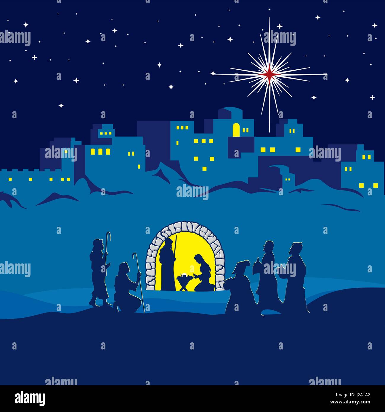 Weihnachtsgeschichte. Die Geburt Jesu Christi. Joseph, Maria und das Kind in Bethlehem. Die 