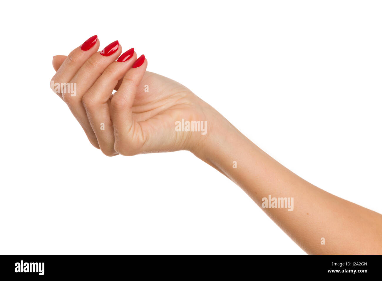 Nahaufnahme von Frauenhand mit roten Nägeln. Studio gedreht isoliert auf weiss. Stockfoto