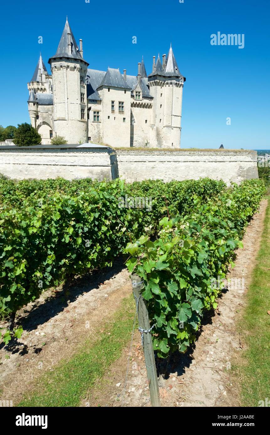 Schloss von Saumur und Fluss Loire, Loiretal, Frankreich. Schloss von