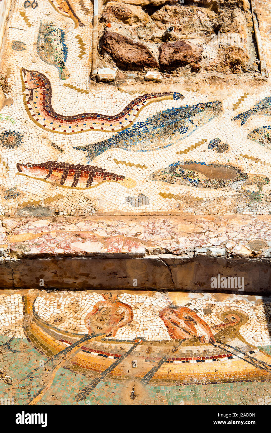 Mosaik von Fischer und Fische, Utica punischen und römischen archäologischen Stätte, Tunesien, Nordafrika Stockfoto
