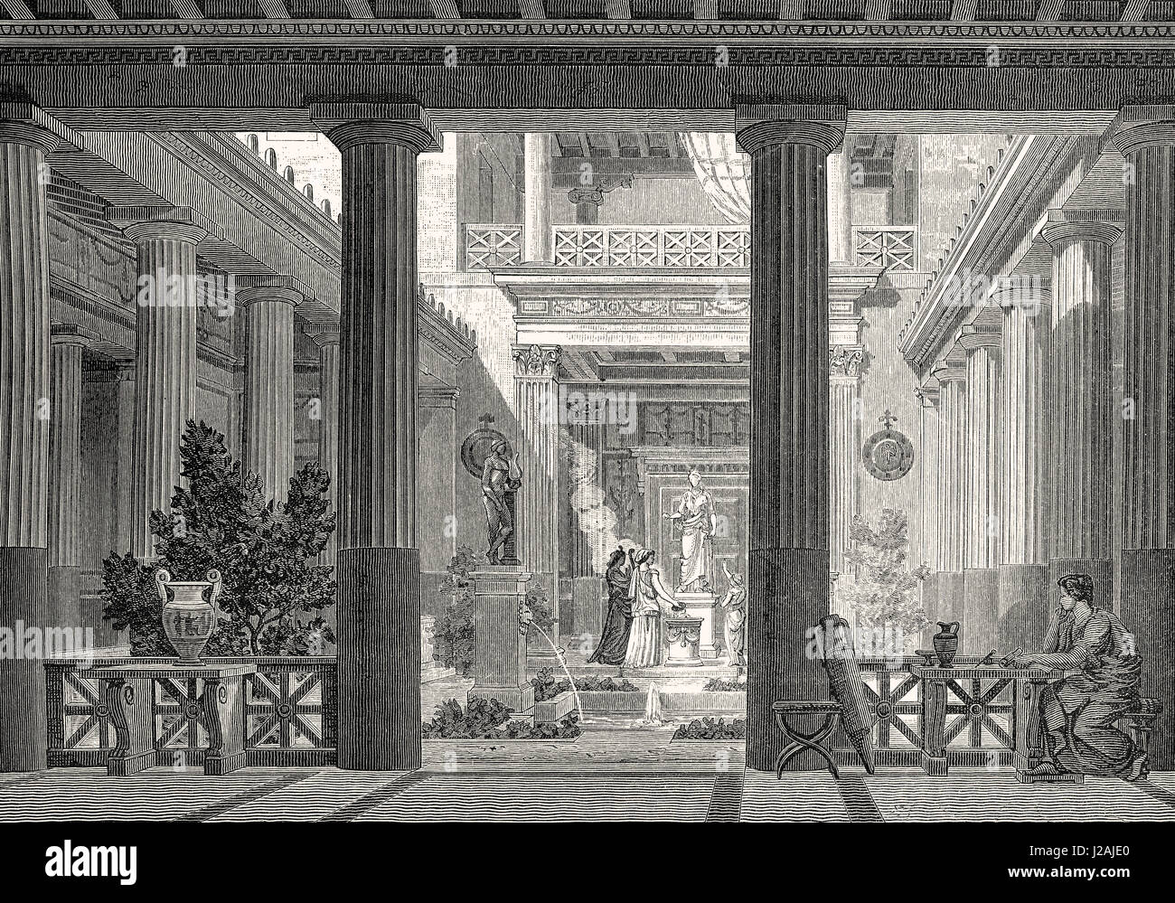 Eine antike griechische Prostas Haus, offener Hof mit einer Statue der Hestia, die Göttin des Herdes, Architektur und Familie Stockfoto