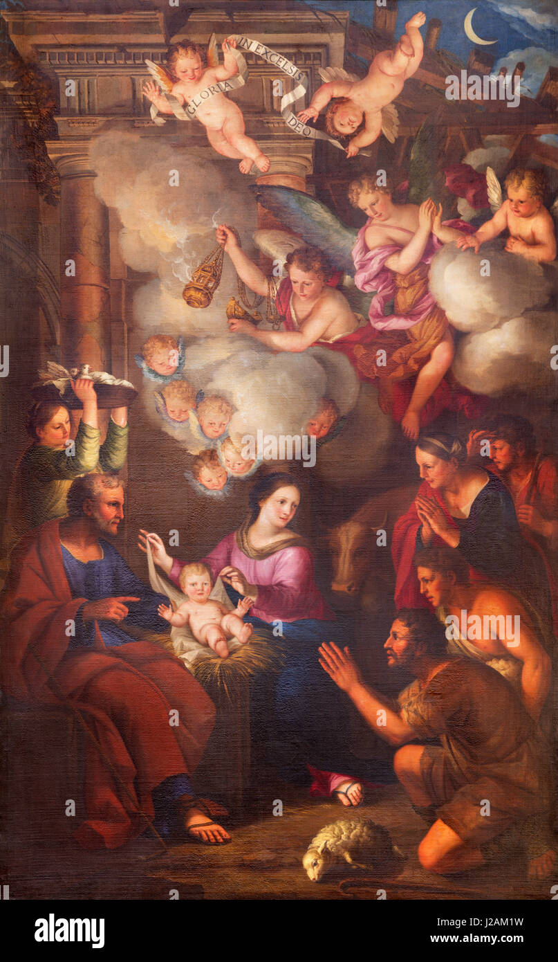 TURIN, Italien - 14. März 2017: Das Gemälde der Geburt Christi in der Kirche Chiesa di San Lorenzo von Pietro Dufour (1689). Stockfoto