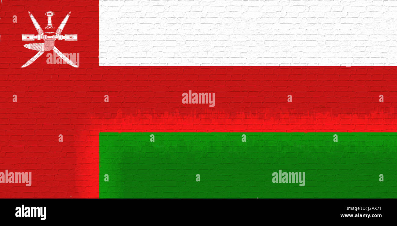Abbildung der Flagge der Oman sah aus wie es ist auf die Wand gemalt. Stockfoto