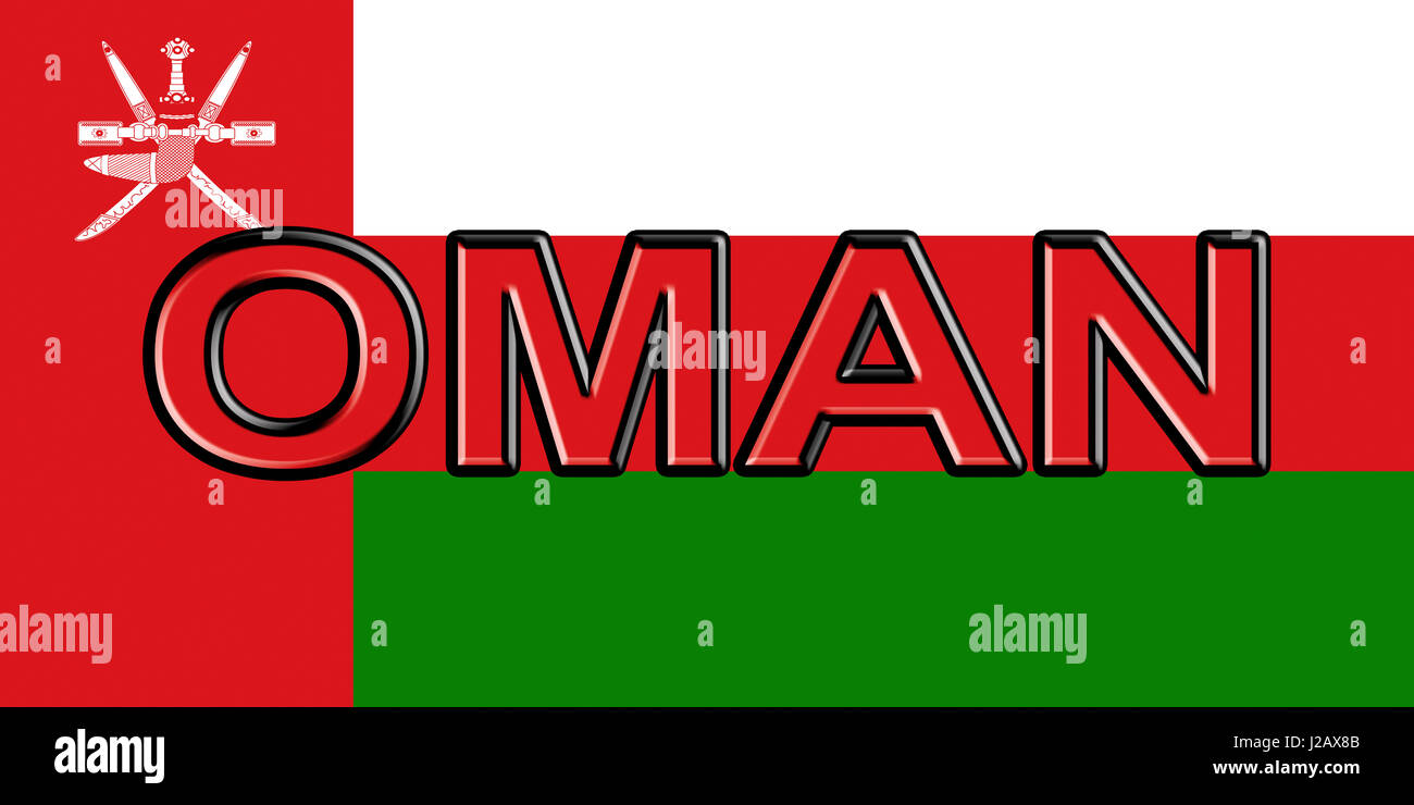 Abbildung der Flagge der Oman mit dem Land auf die Fahne geschrieben. Stockfoto