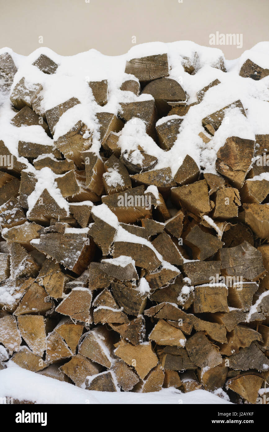 Schneebedeckte gestapelten Protokolle Stockfoto