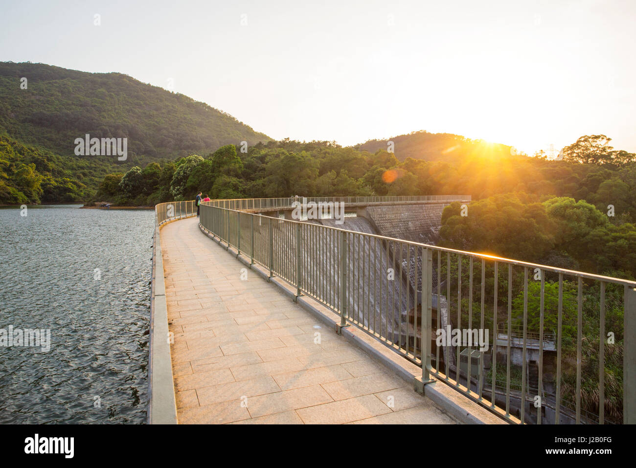 Ho-Pui Reservoir - Yuen Long Hongkong, Wasser-dam-Sonnenuntergang Stockfoto
