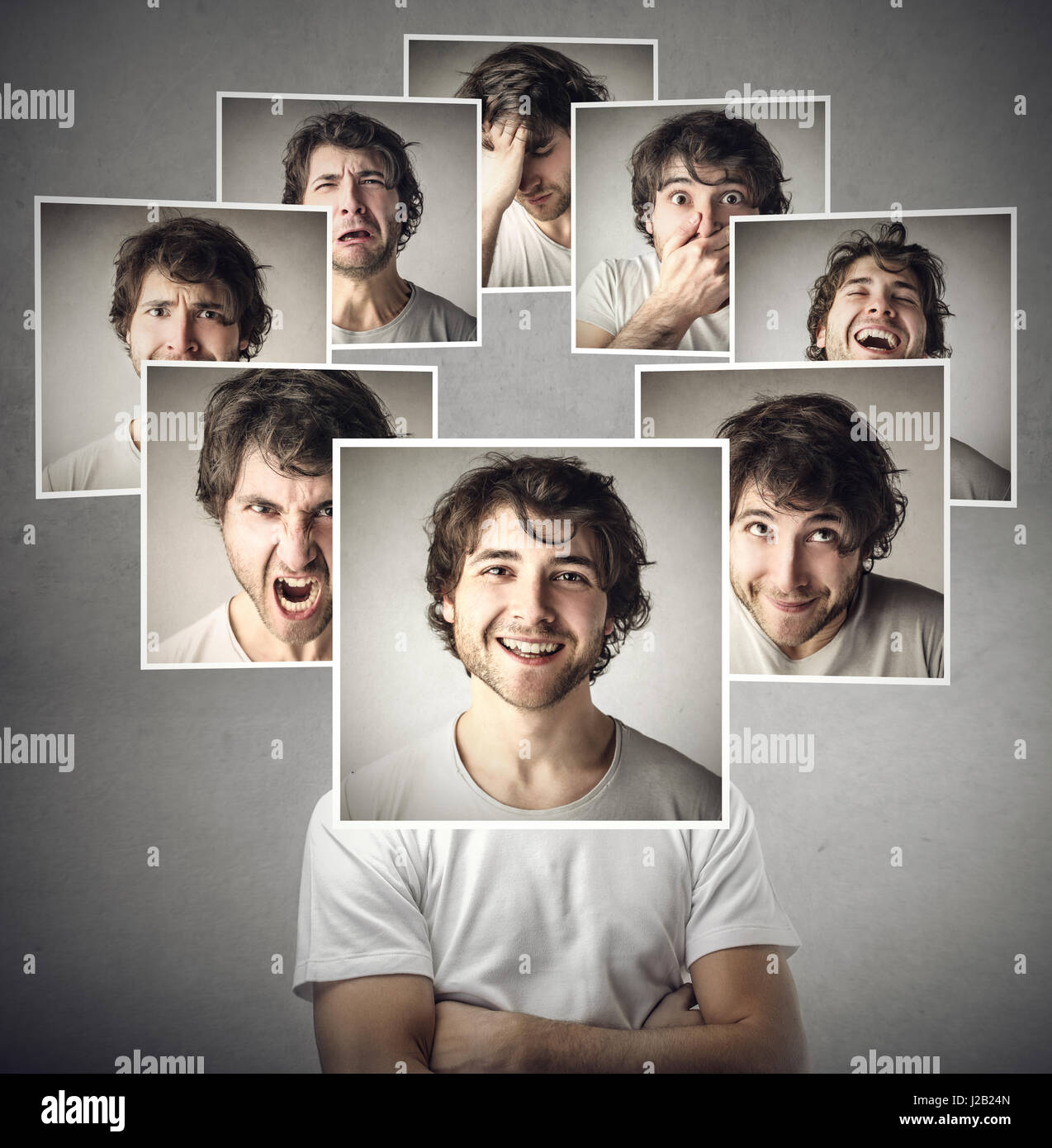 Mann mit seinen verschiedenen Gesichtern und Emotionen Stockfoto