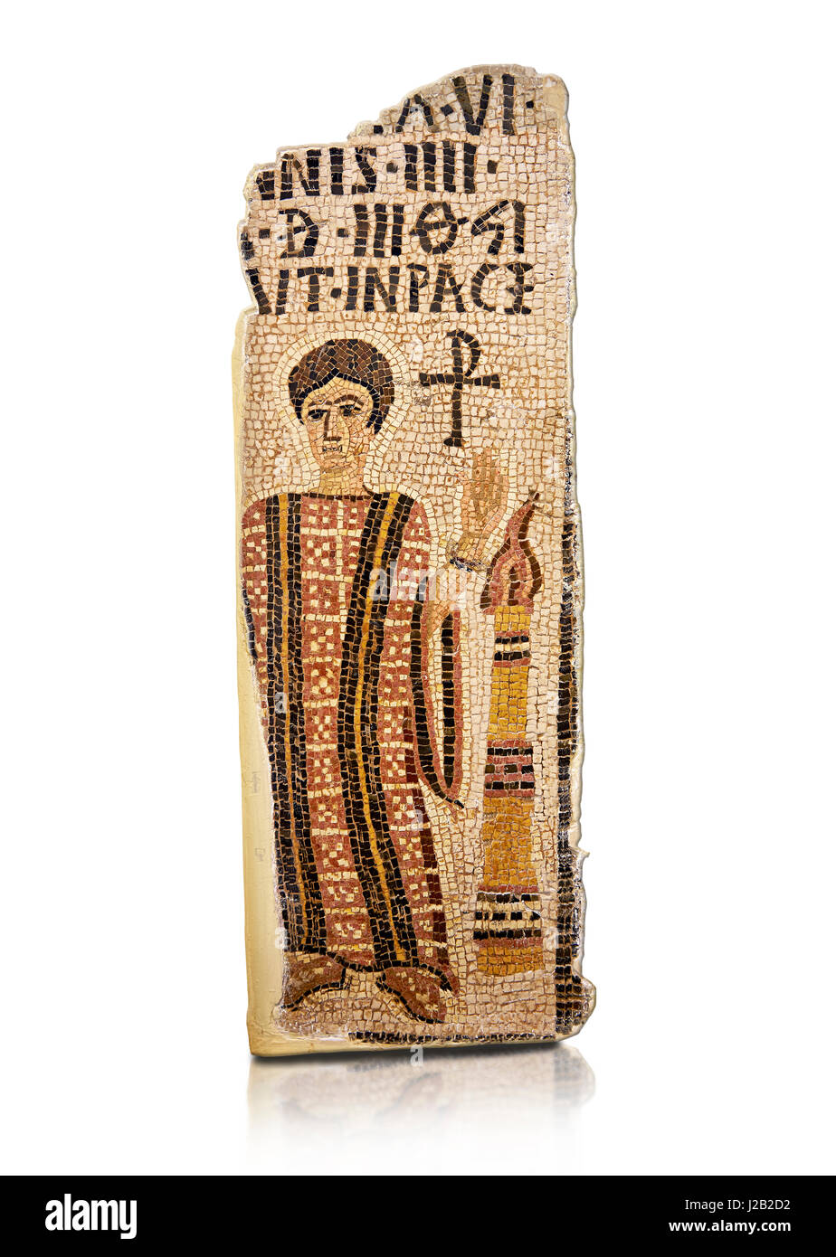 Fünften Jahrhundert n. Chr. Roman Christian Grabbeigaben Mosaik eines kleinen Mädchens die fragmentarische Inschrift an der Spitze steht: (Name des Verstorbenen), lebte 4 ye Stockfoto