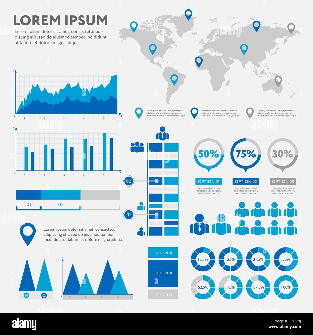 Infografik Geschäftskonzept - Vektor-Set der Infografik Elemente im flachen Design-Stil für Präsentation, Broschüre, Website. Vektor-Icons set. Stock Vektor