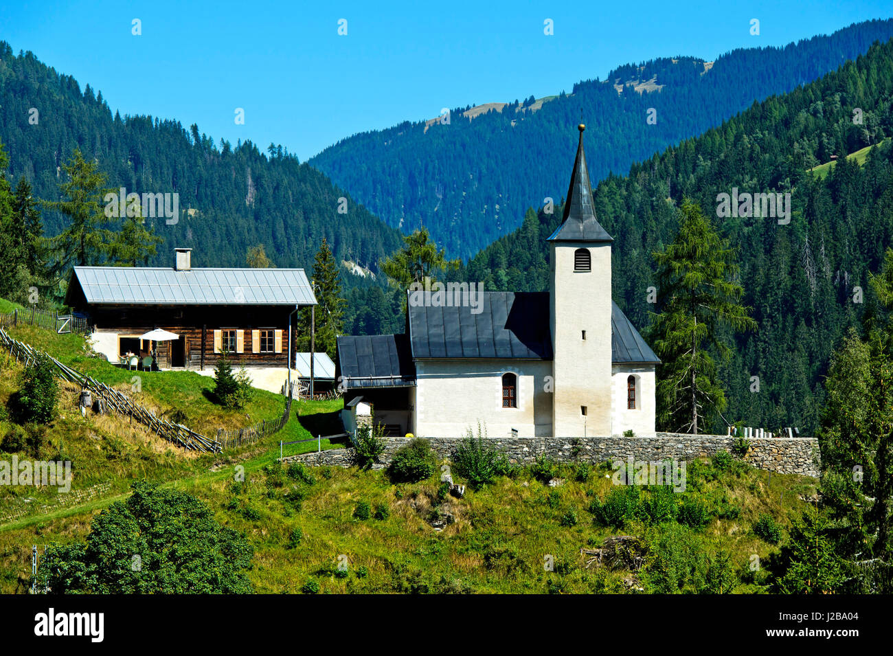 Evangelische Kirche Neukirch, Safiental, Graubünden, Schweiz Stockfoto