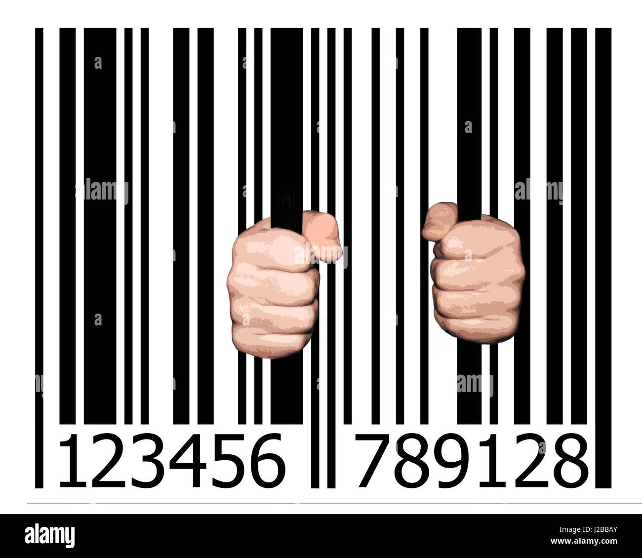 Hände halten Barcode Streifen als Gefängnis Balken, 3d illustration Stockfoto