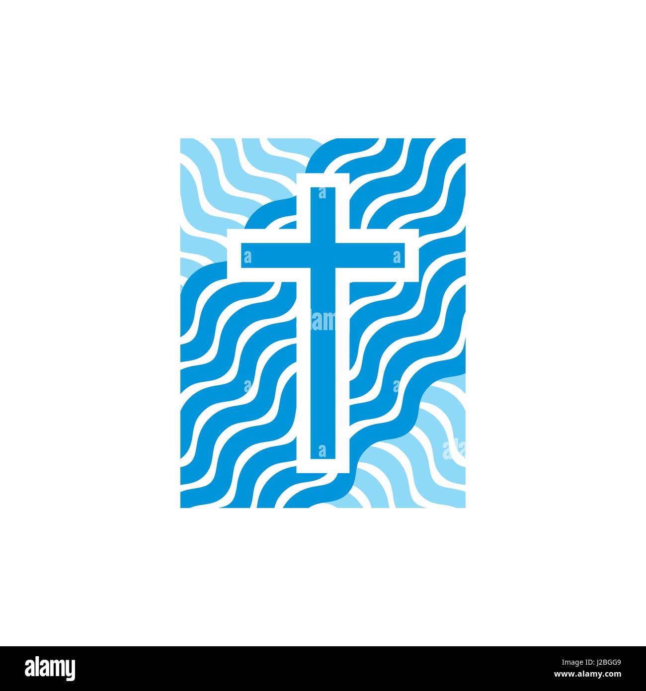 Kirche-Logo. christliche Symbole. Das Kreuz Jesu und der Fluss des lebendigen Wassers Stock Vektor