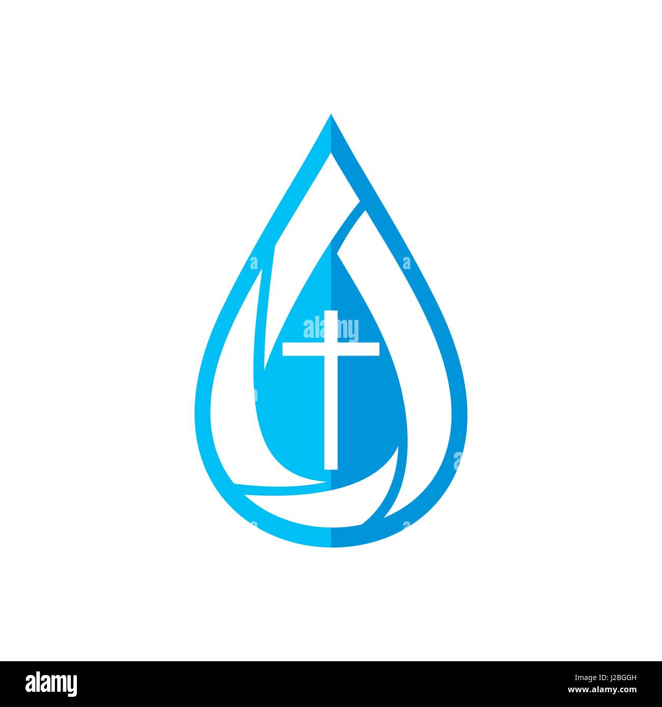Kirche-Logo. christliche Symbole. Das Kreuz Jesu und die Wassertropfen eine lebendige Quelle Stock Vektor