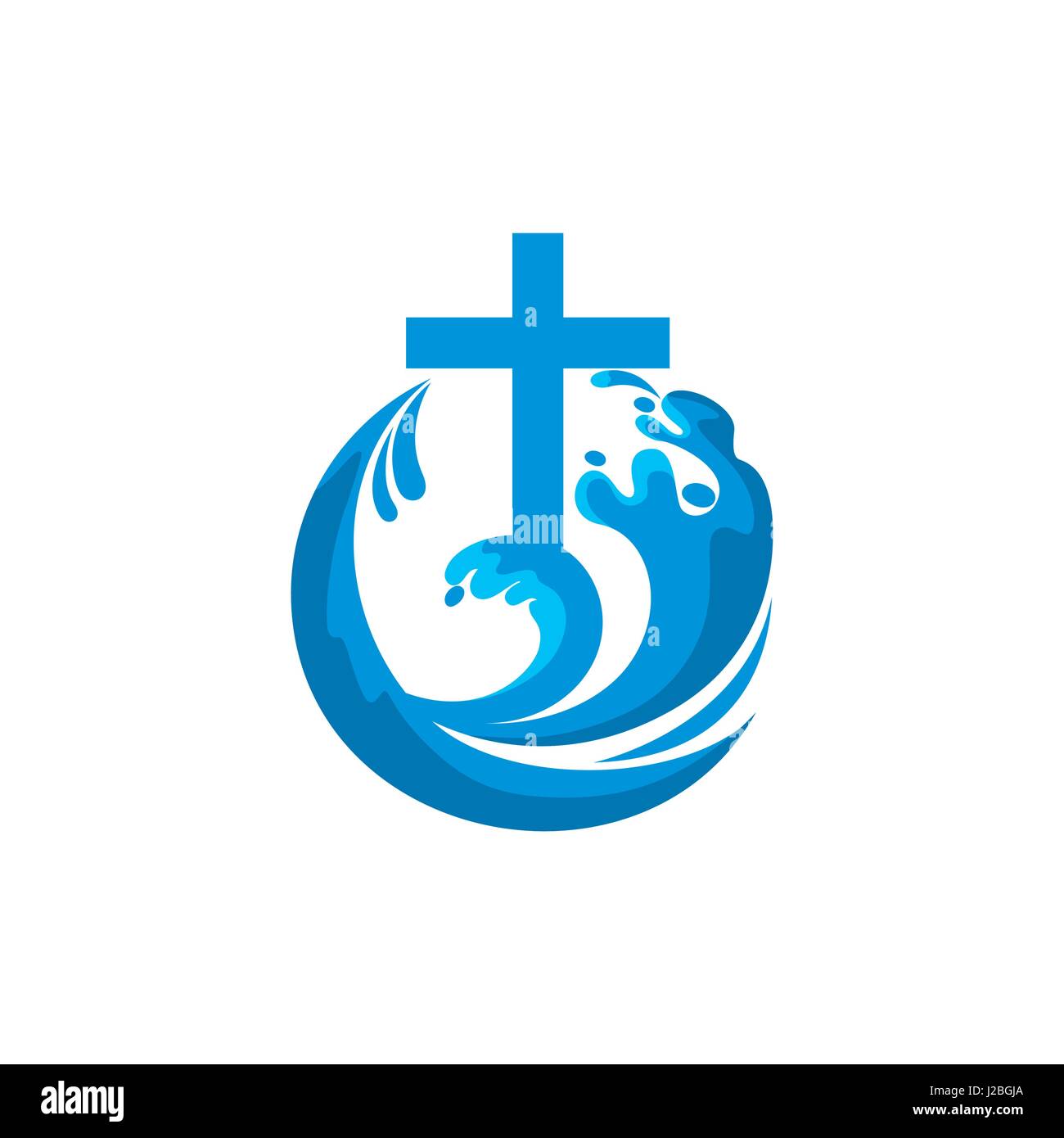 Kirche-Logo. christliche Symbole. Das Kreuz Jesu und die Wellen eine lebendige Quelle Stock Vektor