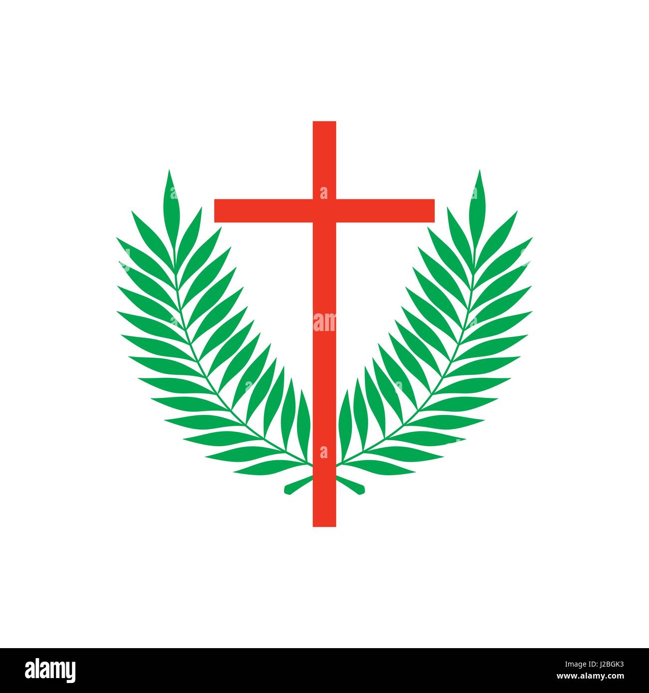 Kirche-Logo. christliche Symbole. Kreuz von Jesus und Palmen Zweige Stock Vektor