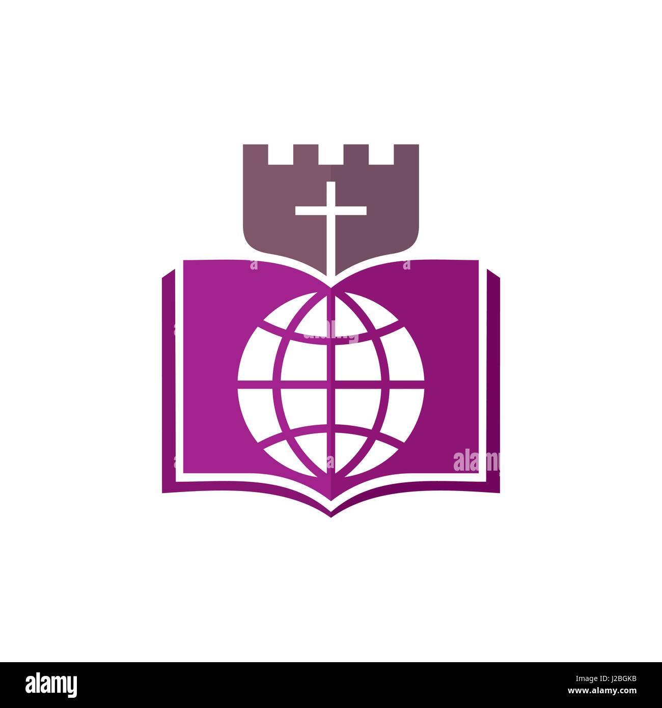 Kirche-Logo. christliche Symbole. Bibel, Globe, Festung und Kreuz Stock Vektor