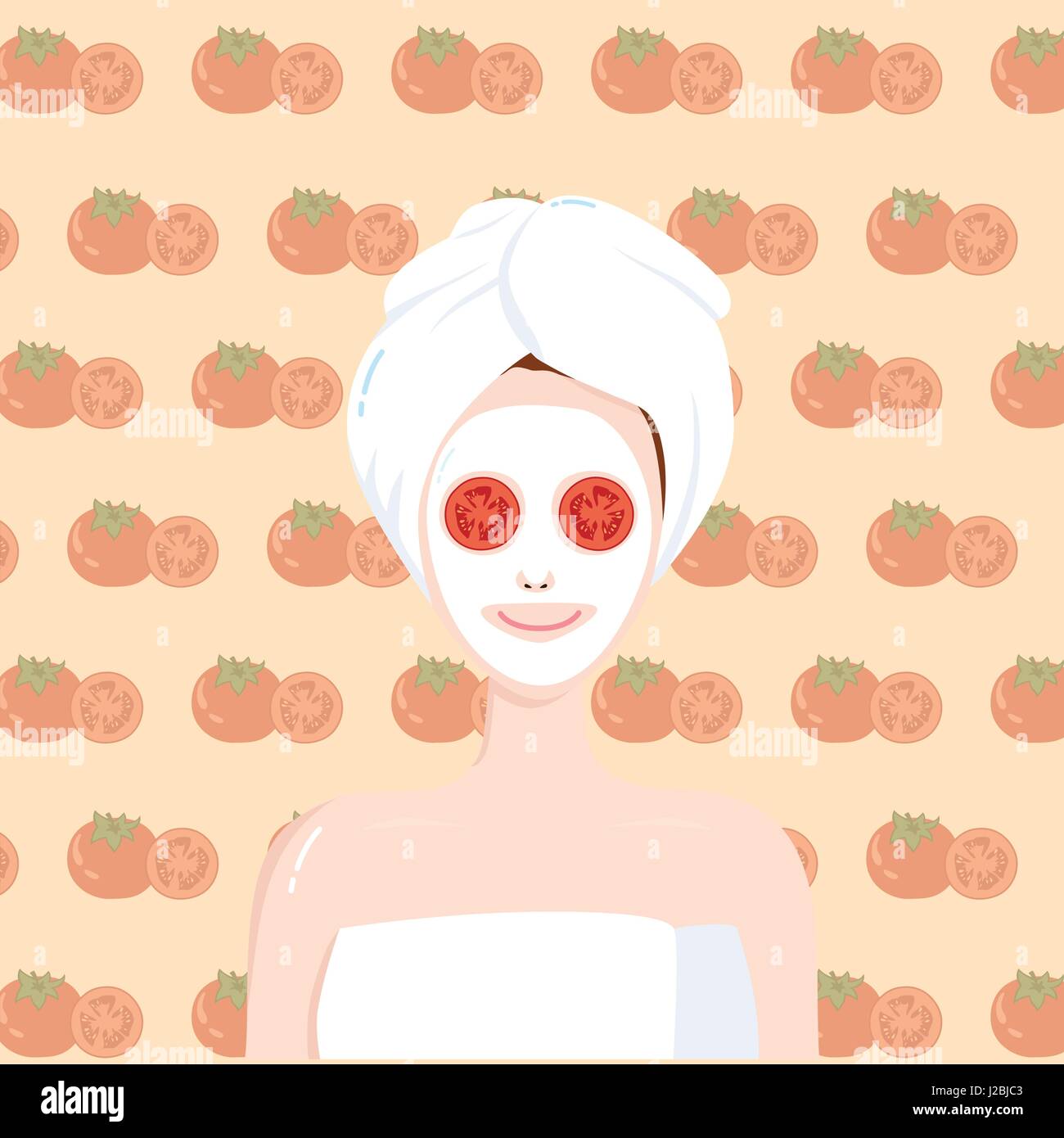 Mädchen Beauty Gesichtsmaske mit Tomatenscheibe. Vektor-Illustration Stock Vektor