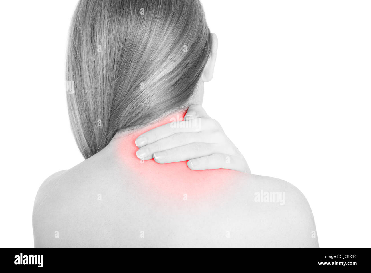 Frau, die Hand auf ihre schmerzenden Nacken isoliert auf weiss, Schneidepfad Stockfoto