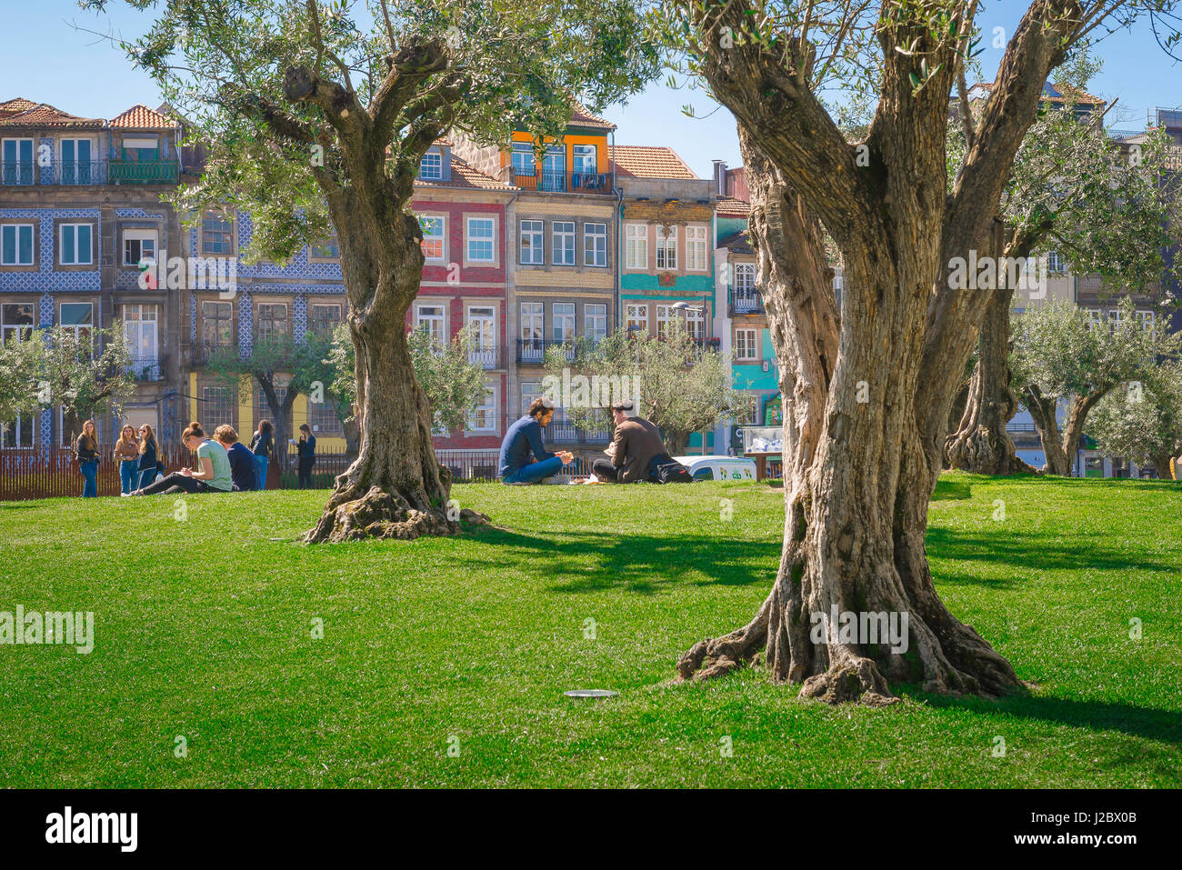 Junge Menschen parken Europa, Blick auf junge Menschen entspannen an einem Sommernachmittag in einem Park in der portugiesischen Stadt Porto. Stockfoto