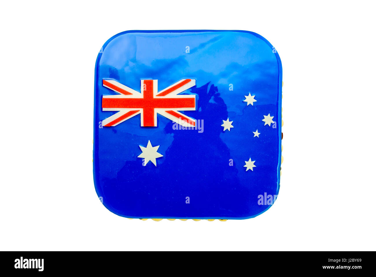 Hause aus Australia Day Kuchen unter dem Motto unter australischer Flagge und verziert mit Koalas und Kängurus Stockfoto