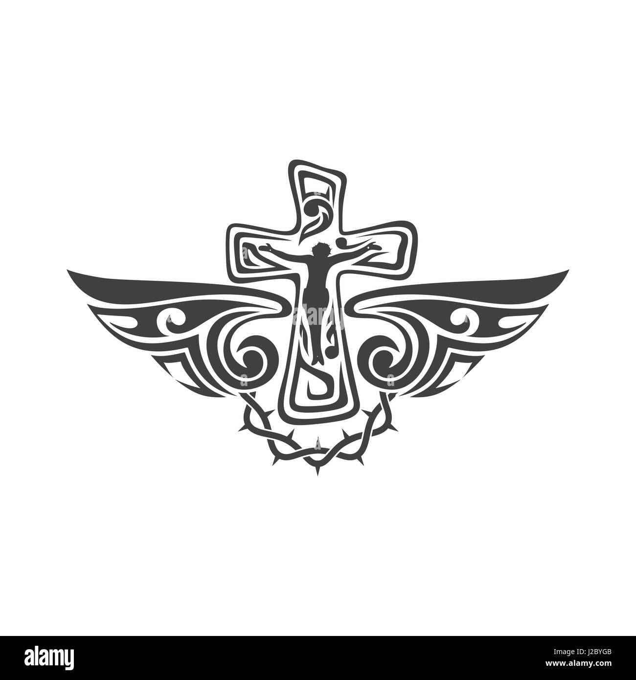 Gothic und Tattoo Marken. Christliche Symbole. Kreuz und Heiligen Geistes Flügeln. Stock Vektor