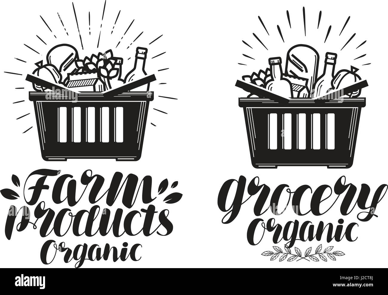 Warenkorb mit frischen Lebensmitteln. Lebensmittelgeschäft oder landwirtschaftliche Produkte zu kennzeichnen. Handgeschriebene Schrift, Kalligraphie-Vektor-illustration Stock Vektor Warenkorb mit frischen Lebensmitteln. Lebensmittelgeschäft oder landwirtschaftliche Produkte zu kennzeichnen. Handgeschriebene Schrift, Kalligraphie-Vektor-illustration Stock Vektor