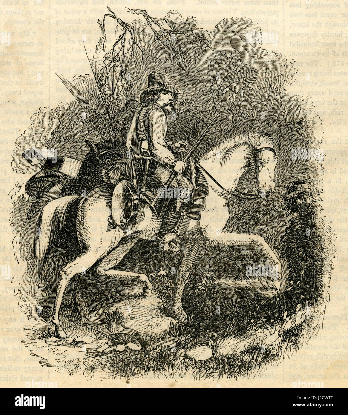 Antiken 1854 Gravur, "A Miner von Kalifornien aufsuchen." QUELLE: ORIGINAL GRAVUR. Stockfoto