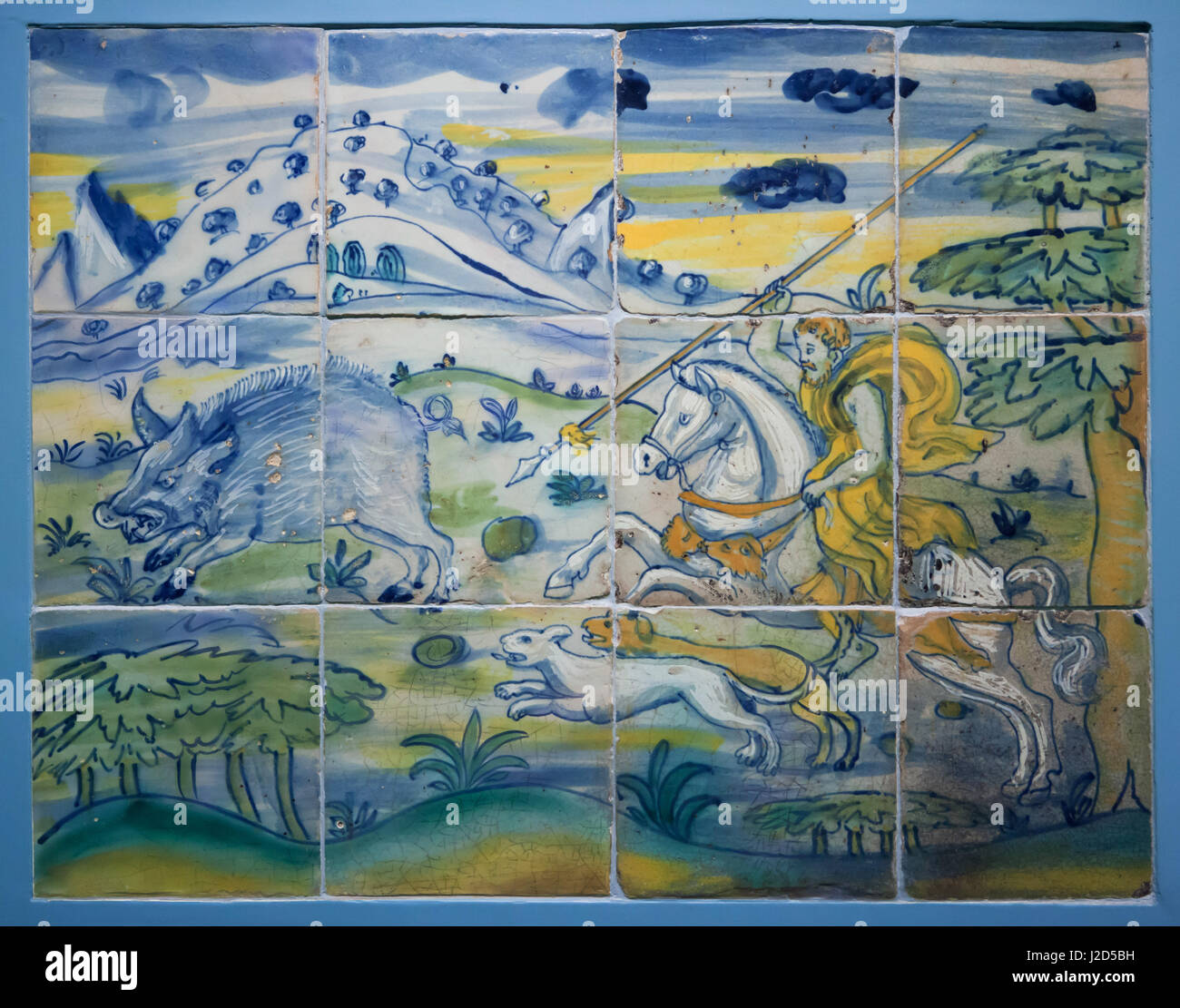 Meleagros Calydonian Eber erschlagen. Mythologische Szene dargestellt, in der traditionellen spanischen Zinn glasiert bemalte Fliesen Azulejos Typ Talavera genannt, ab ca. 1570 auf dem Display in das Museo de Santa Cruz (Santa Cruz Museum) in Toledo, Spanien. Stockfoto