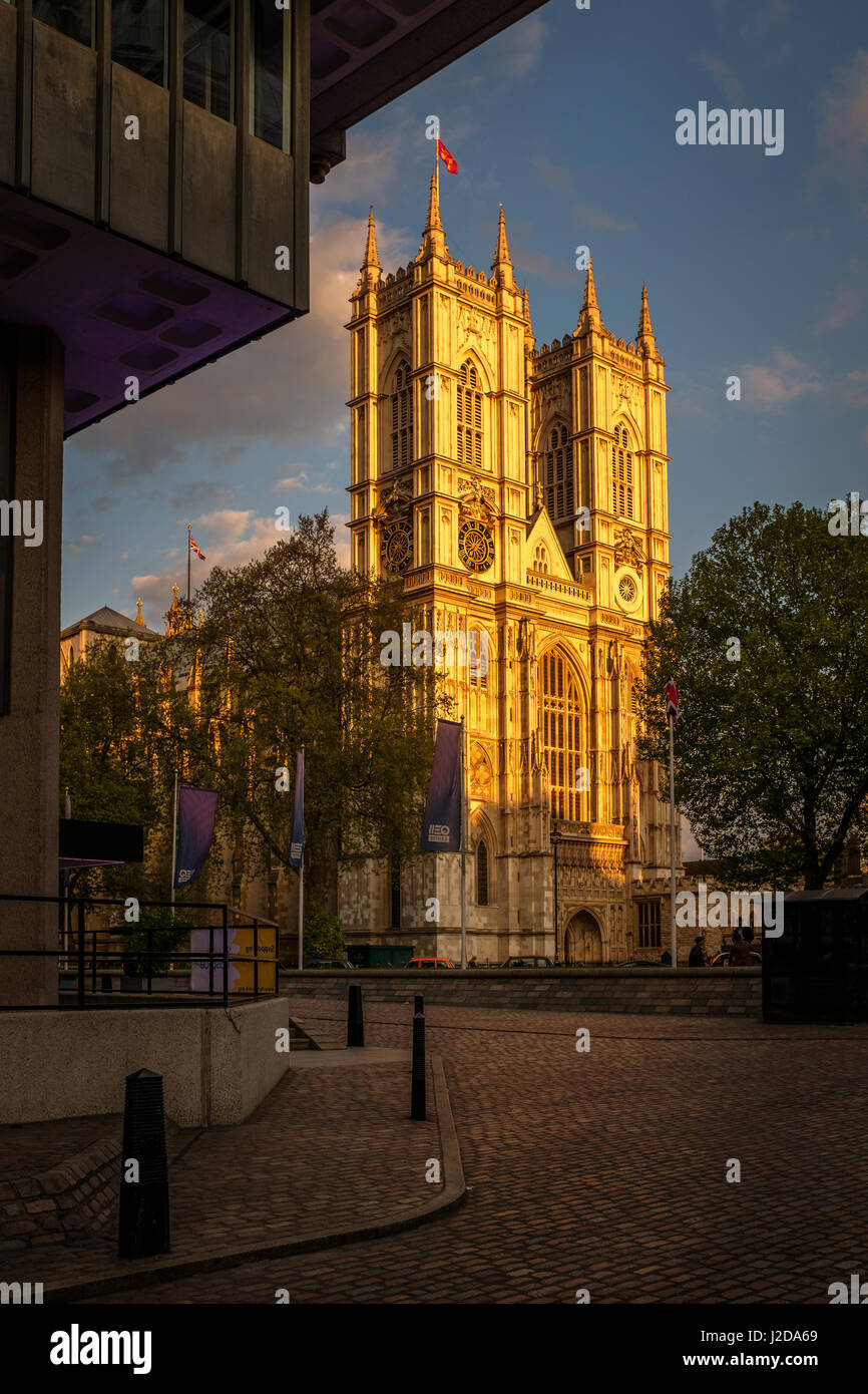 Westminster Abbey, beleuchtet von der untergehenden Sonne, London, England Stockfoto