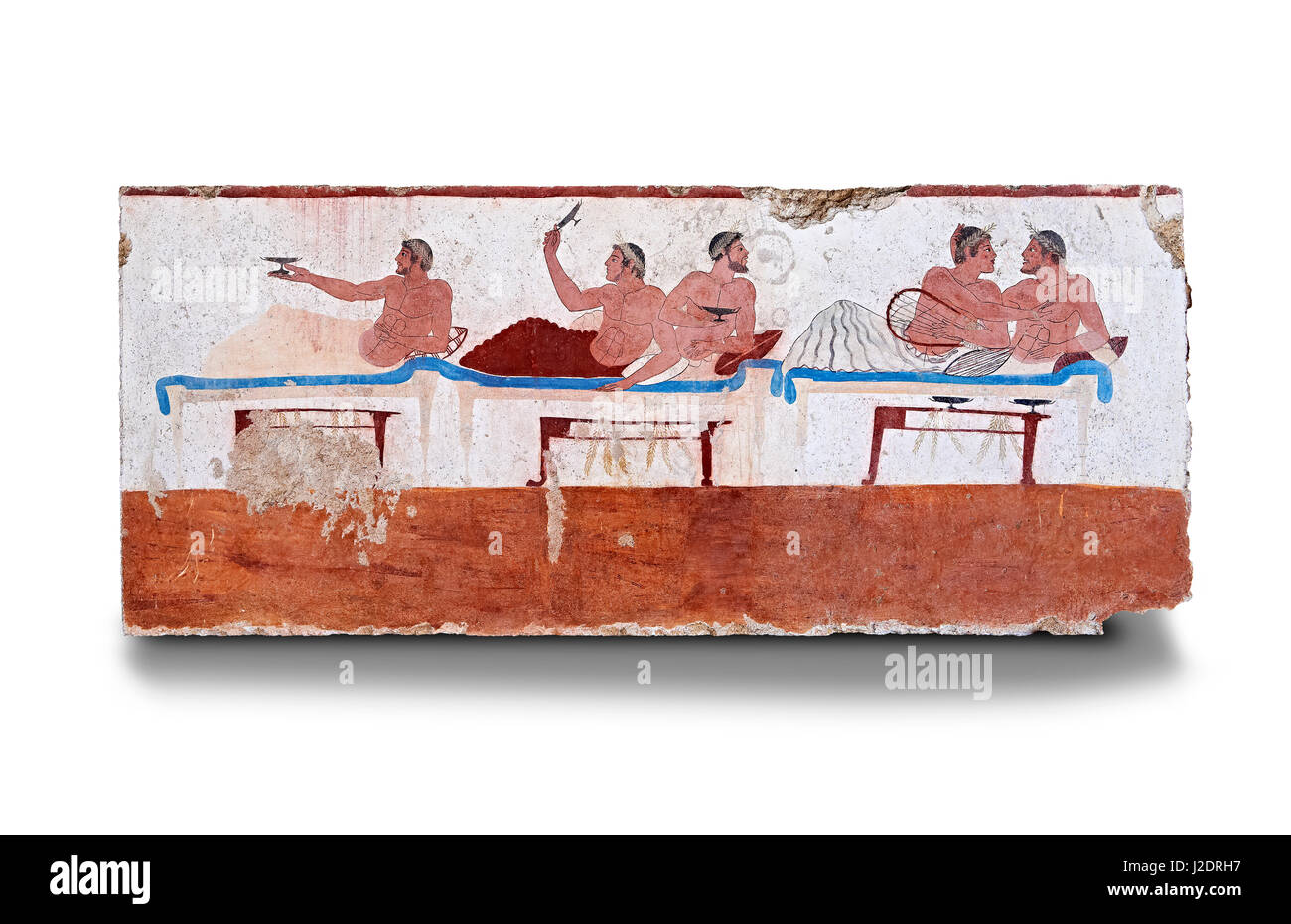 Griechischen Fresko auf der Innenseite der Grab des Tauchers [La Tomba del Truffatore]. Dieses Panel ist von einer Längsseite des Grabes und zeigt eine symposiu Stockfoto