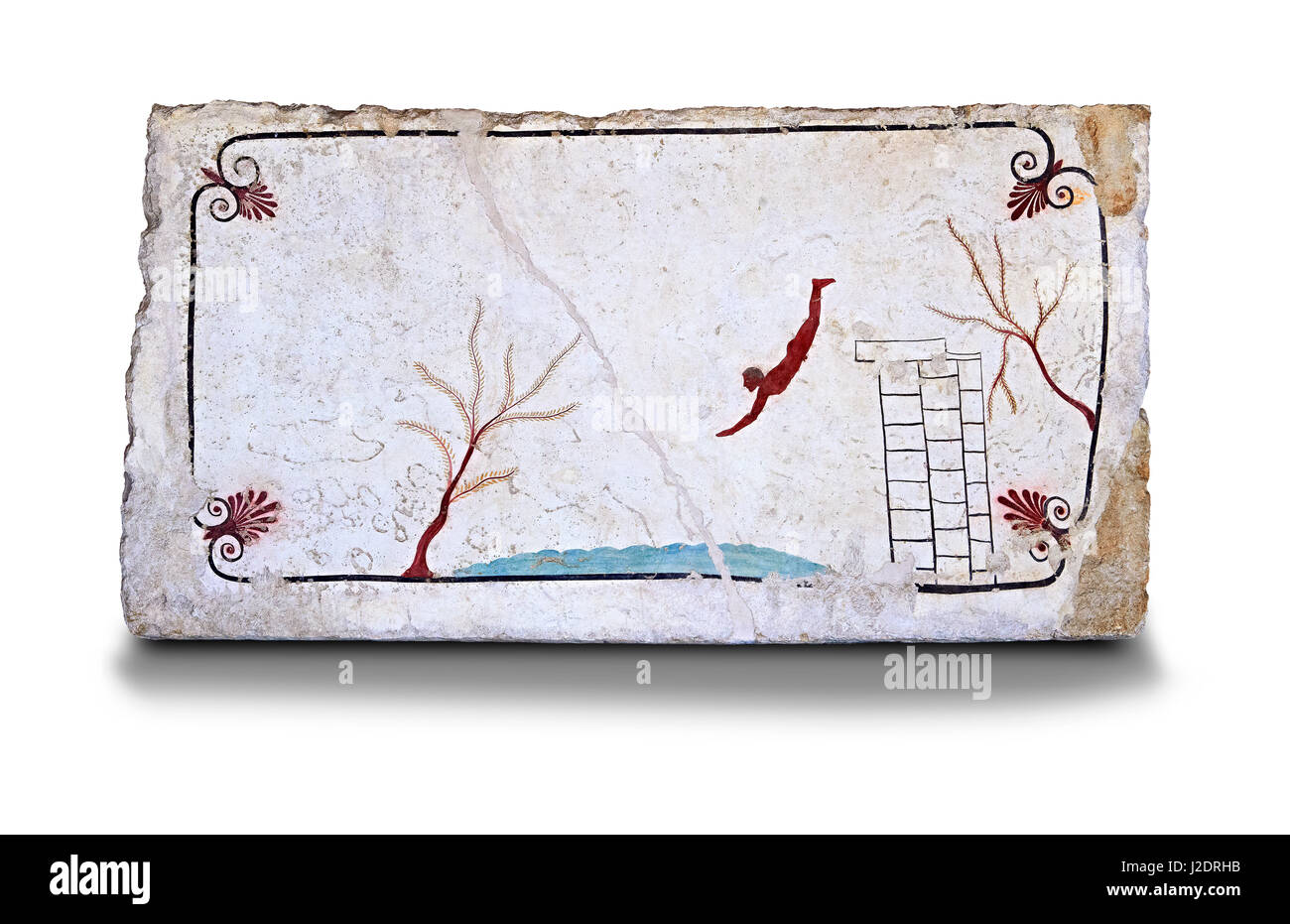 Griechischen Fresko auf der Innenseite der Grab des Tauchers [La Tomba del Truffatore]. Dieses Panel ist aus dem Deckel des Grabes und zeigt ein Tauchen aus einer Spalte Stockfoto