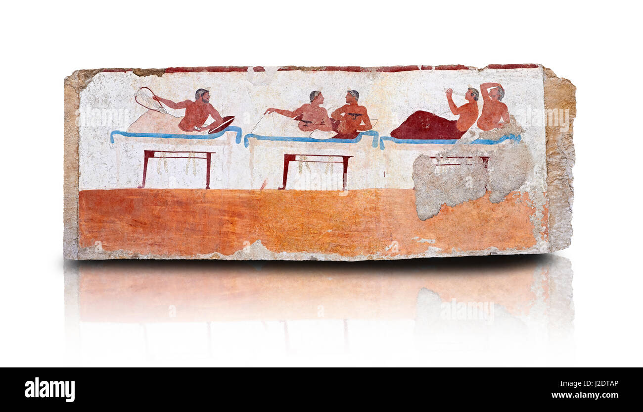 Griechisch-Fresko an der Innenseite des Grab des Tauchers [La Tomba del Truffatore] aus der griechischen Stadt Poseidonia gewordenen Roman Paestum. Das panel ich Stockfoto