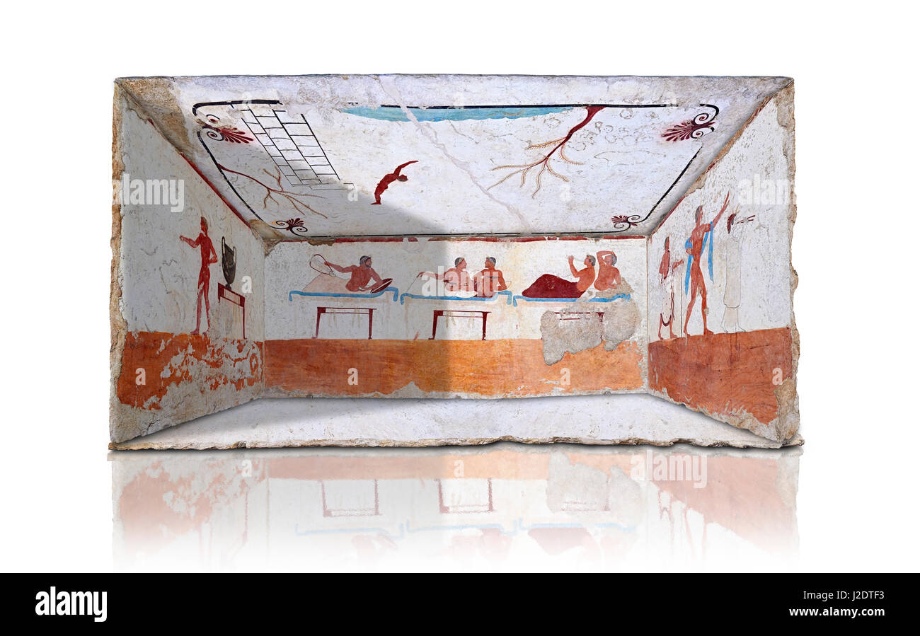 Rekonstruktion von der Innenseite des griechischen Grab des Tauchers [La Tomba del Truffatore]. Die Rückseite ist aus einer Längsseite des Grabes und Stockfoto