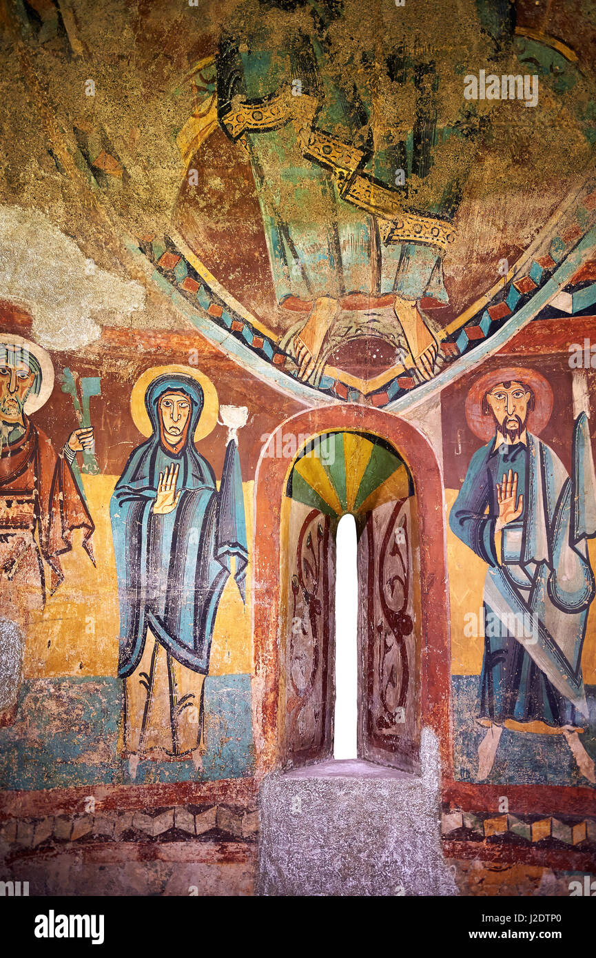 12. Jahrhundert romanischen Fresken aus der Apsis der Ginestarre Darstellung, die Jungfrau Maria und die Apostel aus der Kirche von Santa Maria de Ginestarre Stockfoto