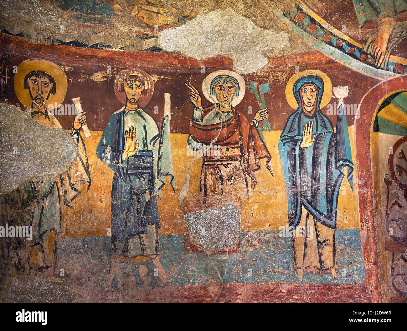 12. Jahrhundert romanischen Fresken der Apsis der Ginestarre Darstellung, von rechts nach links, die Heilige Jungfrau Maria, Petrus und die Apostel aus der Kirche Stockfoto