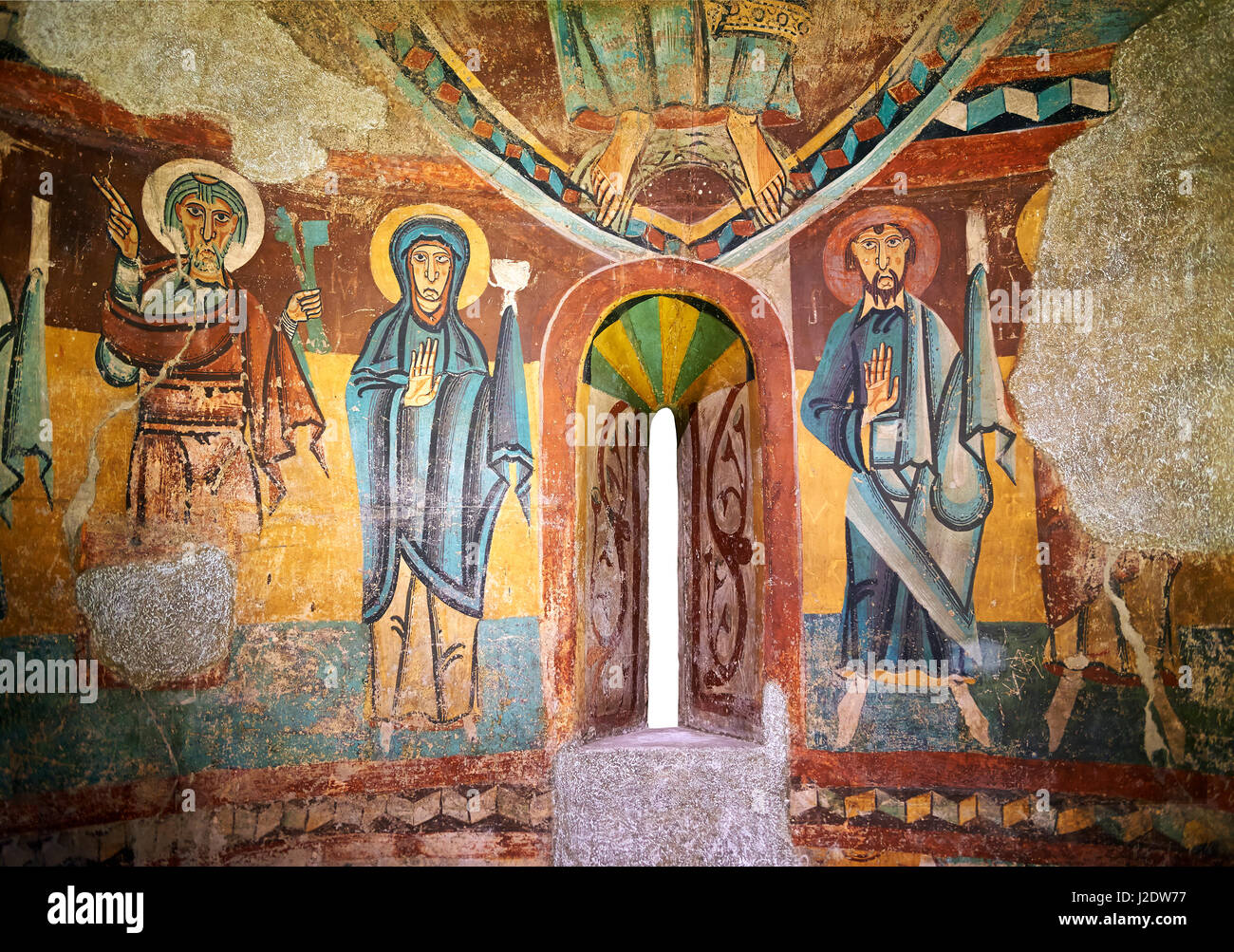 12. Jahrhundert romanischen Fresken aus der Apsis der Ginestarre Darstellung, die Jungfrau Maria und die Apostel aus der Kirche von Santa Maria de Ginestarre Stockfoto