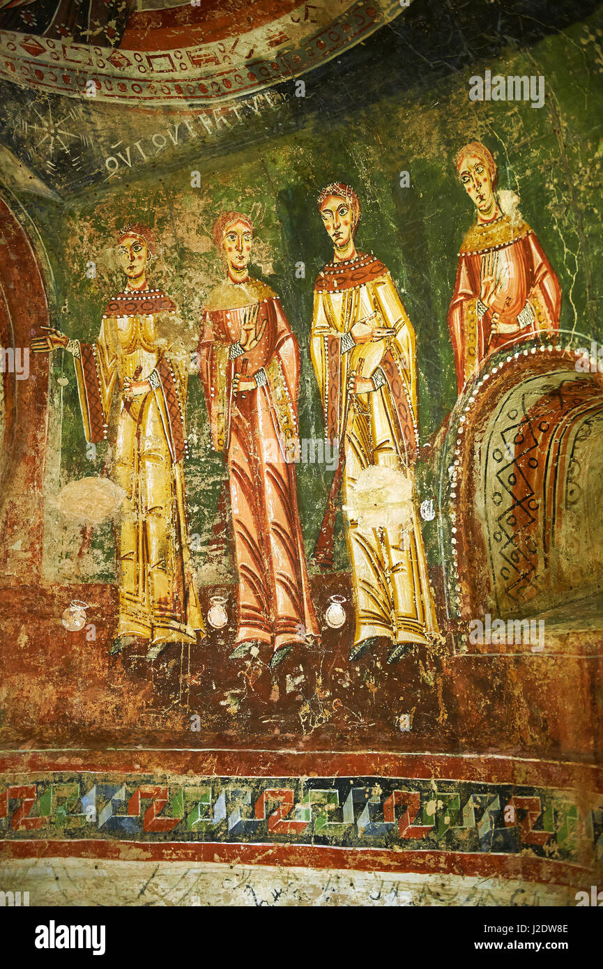 Elften Jahrhundert romanische Fresken aus der Seite Apsis von Sant Quirze de Pedret zeigt die Parabel von den zehn Jungfrauen aus der St.-Matthäus-Evangelium. Stockfoto