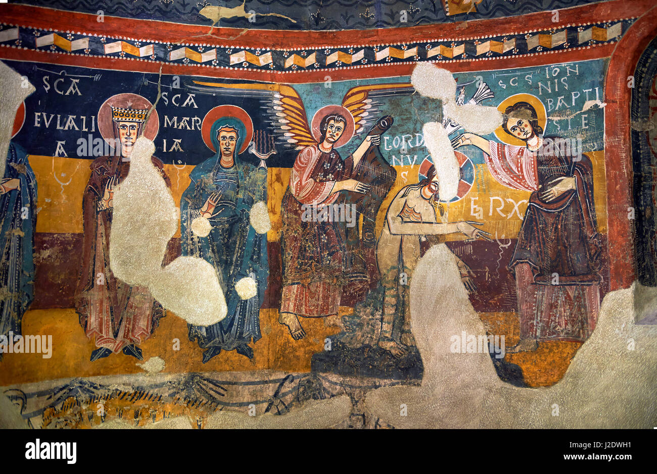 12. Jahrhundert registrieren romanischen Fresken aus der Apsis Estaon mit Szenen aus der Mitte zeigt die Taufe Jesu durch Johannes der Täufer, Stockfoto