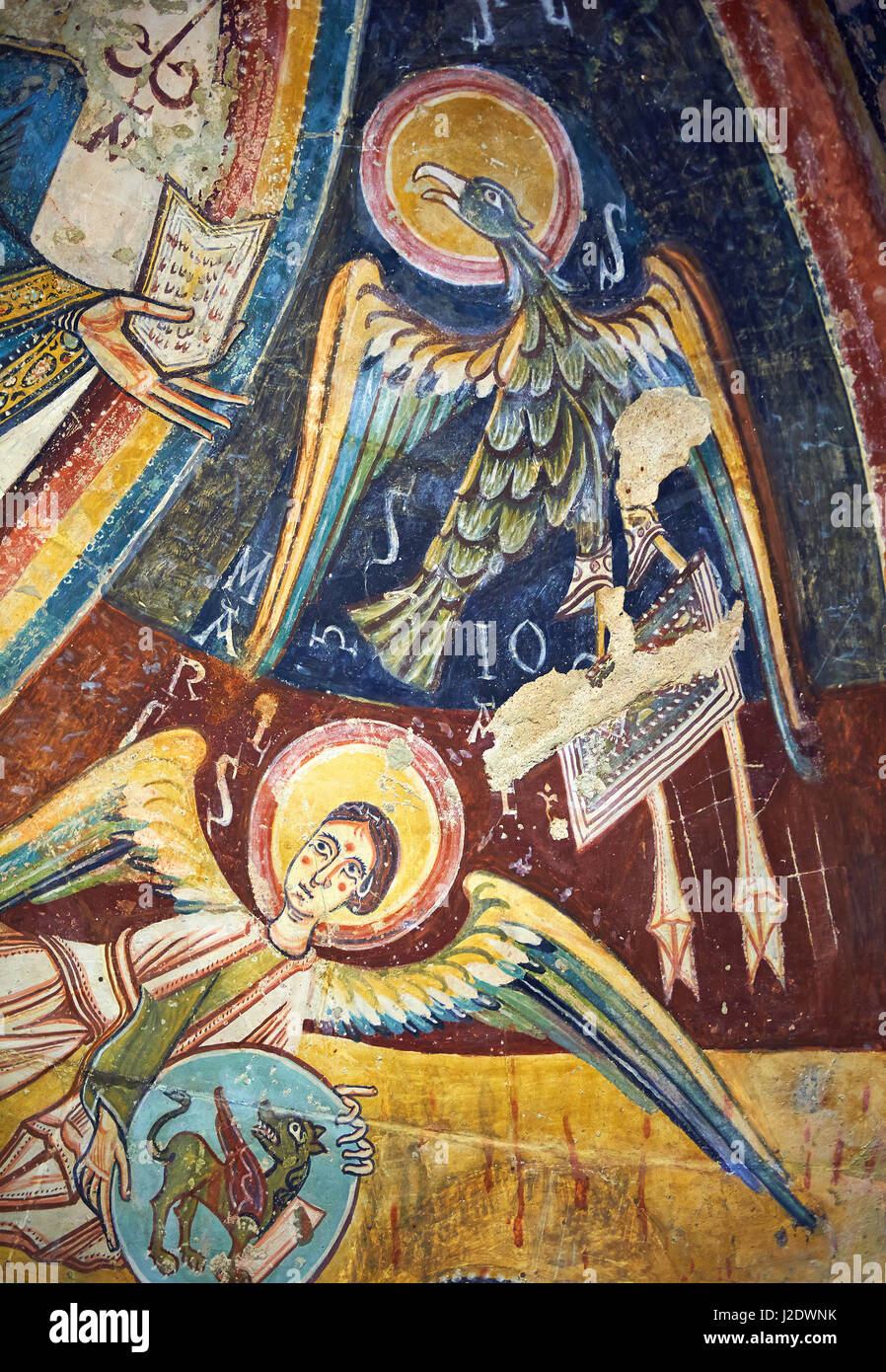 Romanische Fresken, die ein Engel mit dem Adler, die St John the Evangelist aus der Kirche von Sant Miguel d'Engolasters, Les symbolisiert Stockfoto
