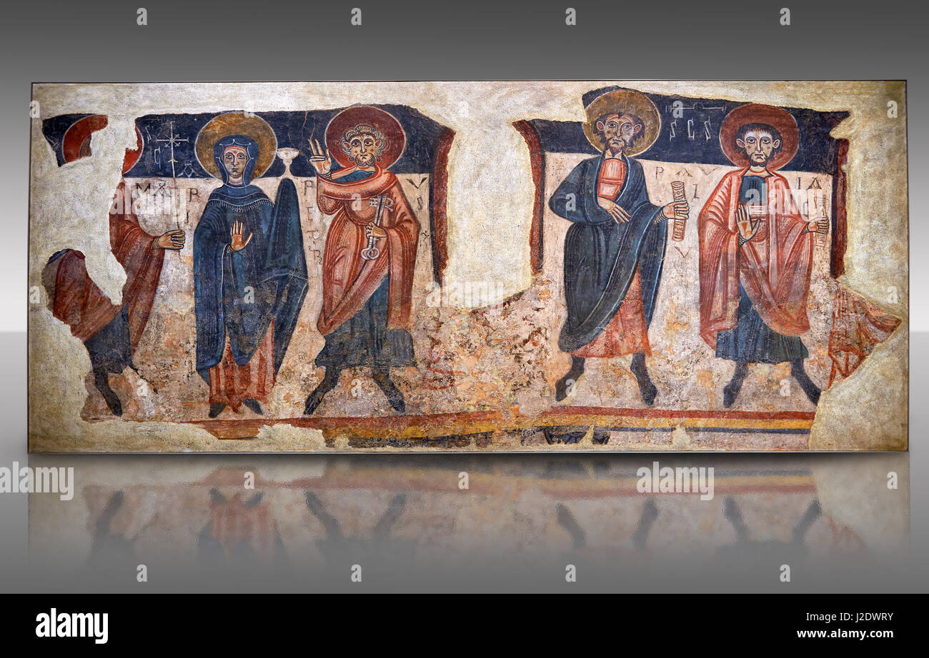 Romanische Fresken der Apostel aus der Kirche von Sant Roma de Les Bons, gemalt um 1164, Encamp, Andorra. Nationalen Kunstmuseum von Katalonien, Stockfoto