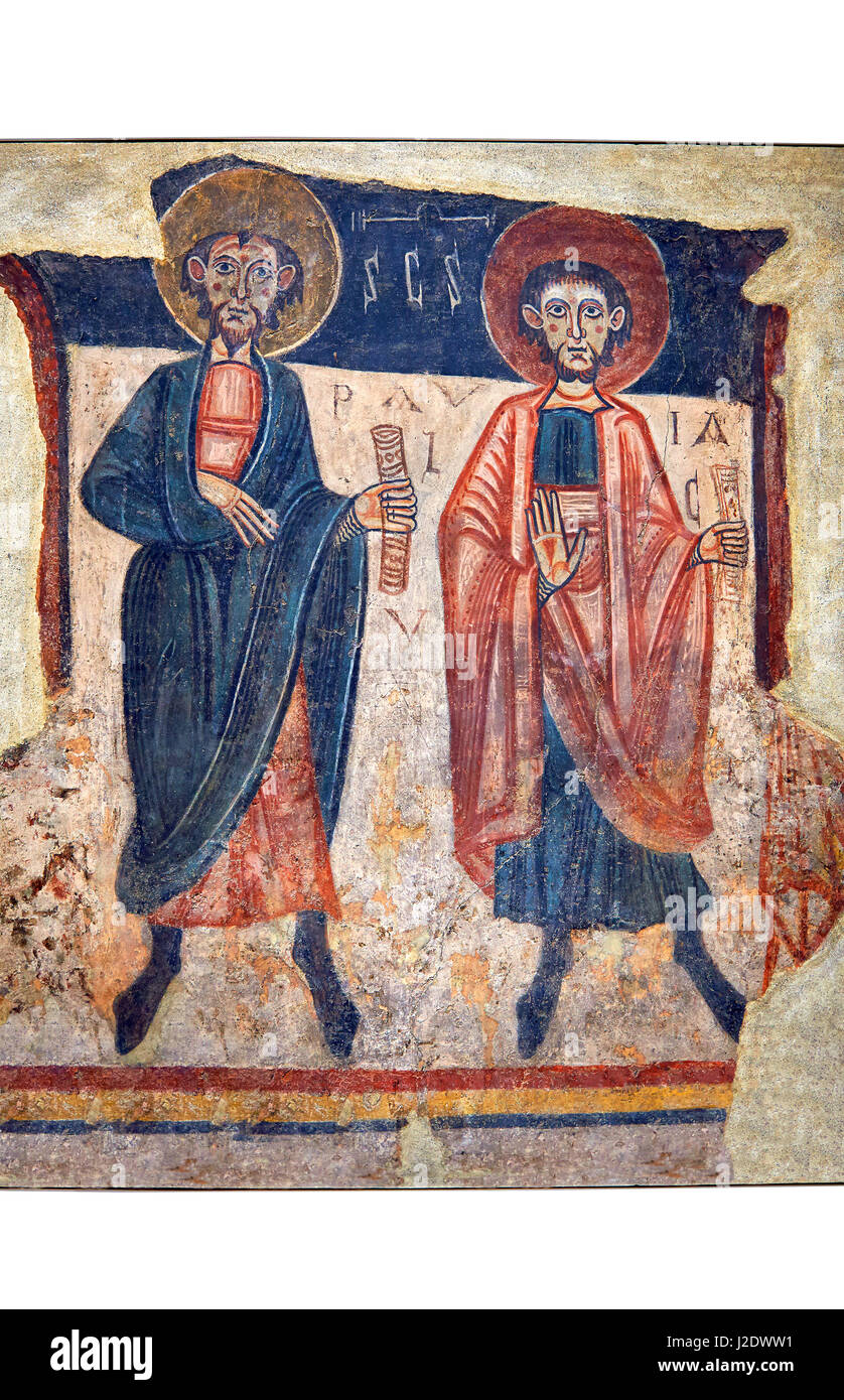 Romanische Fresken des Apostels Paulus aus der Kirche von Sant Roma de Les Bons, gemalt um 1164, Encamp, Andorra. National Art Museum of Catalon Stockfoto