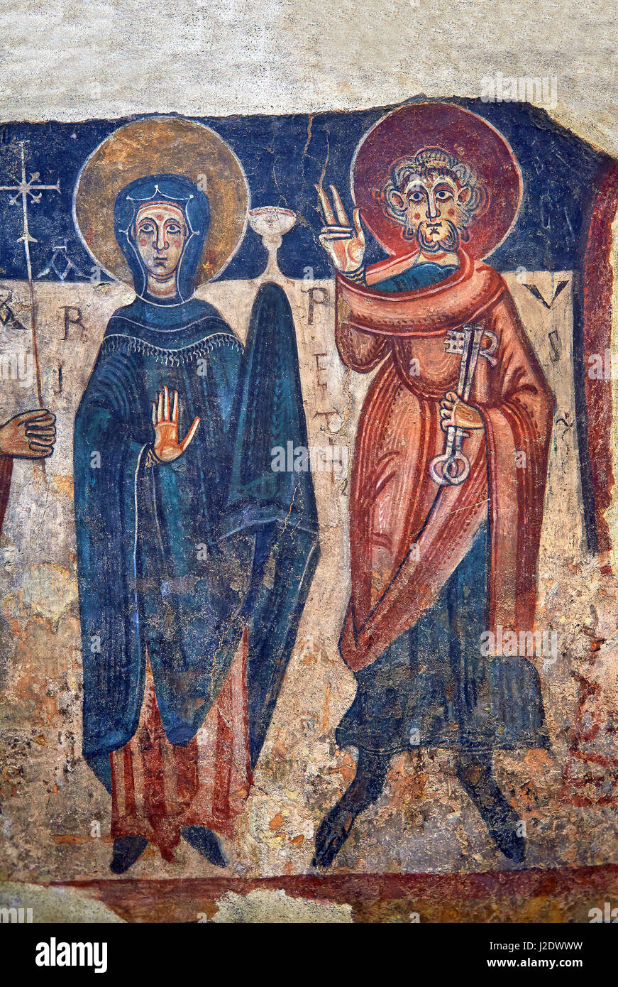 Romanische Fresken der Jungfrau Maria und Peter aus der Kirche von Sant Roma de Les Bons, gemalt um 1164, Encamp, Andorra. Nationales Kunstmuseum o Stockfoto
